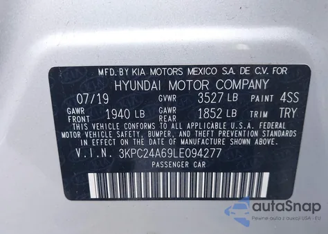 2020 Hyundai Accent Se z USA, uszkodzony, nr VIN 3KPC24A69LE094277